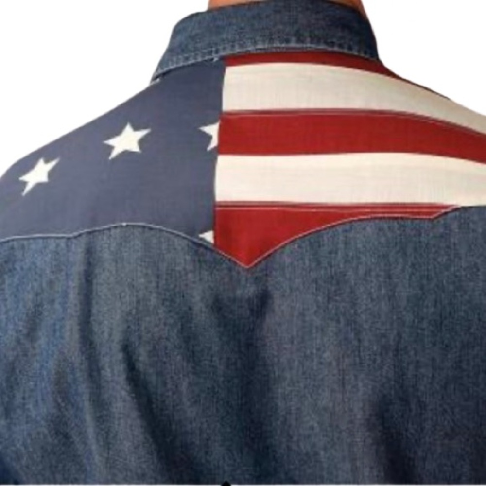 Western Patriotic Denim Shirt Roper Vtg Snap Closure 100% Cotton Denim 2X